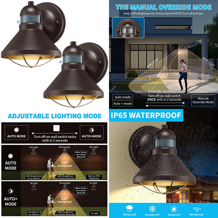 Wall Lighting Outdoor - 2個パック モーションセンサー付き屋外LEDウォールスコンス 夕暮れから夜明けまで点灯する外装納屋用照明器具 ブラウン屋外ポーチランタン ファームハウスライト