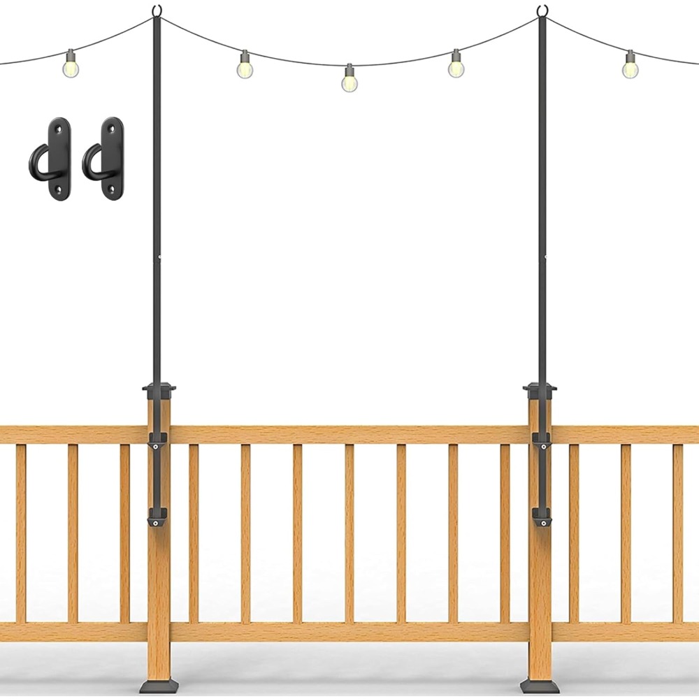 Wall Lighting Outdoor - 2パックのストリングライトポール - ステンレススチール製6.5フィートデッキライトポール、屋外照明用ウォールフック2個付き、ストリングライト、ステンレススチール製