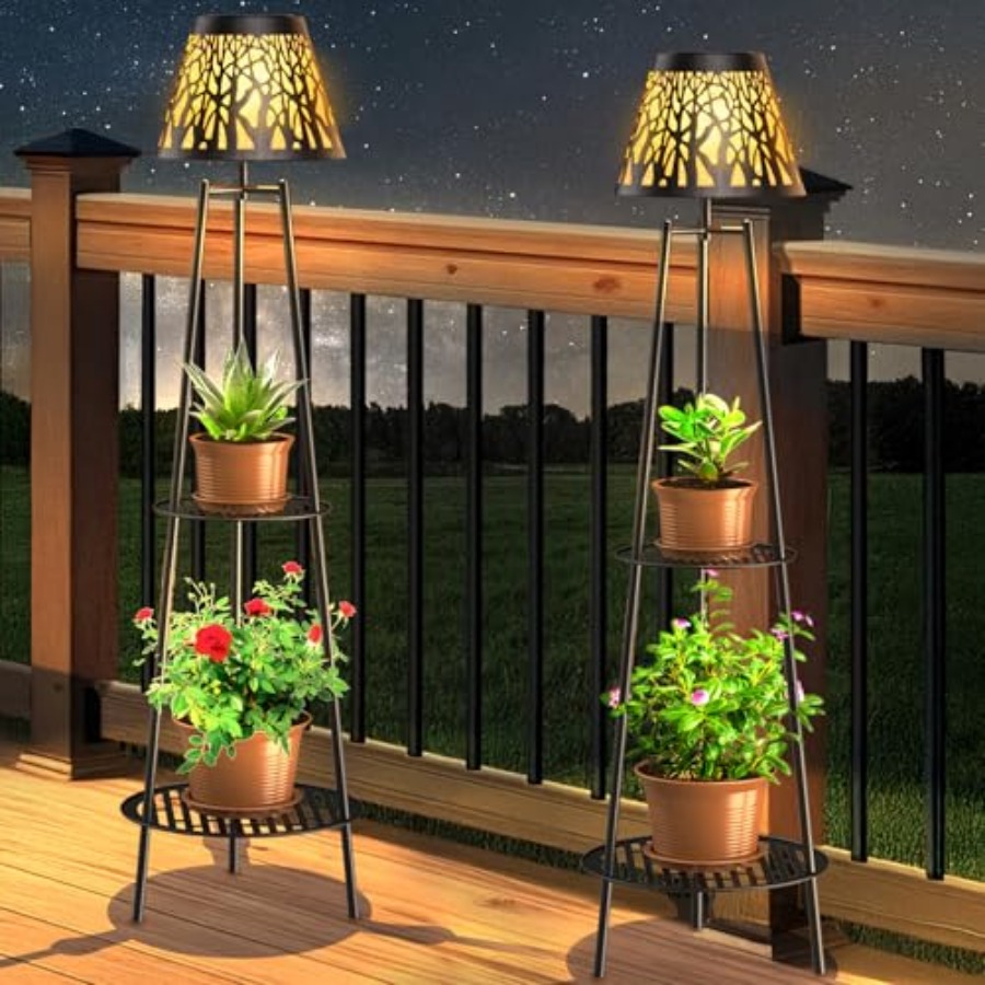 Outdoor Lighting Garden - 2パック屋外ソーラーフロアランプ、植物スタンド付き、防水メタルガーデンライト、2段棚付き、装飾LEDコードレスパット