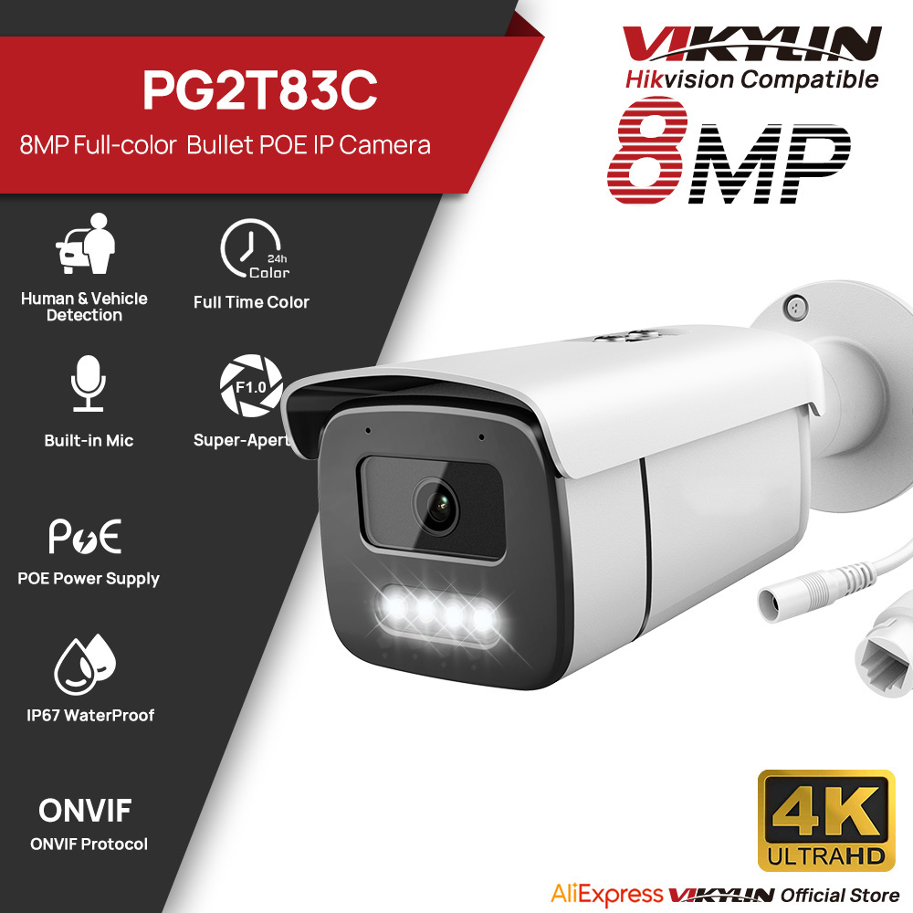 Outdoor Lighting Options - Vikylin 8MP フルカラーナイトビジョンバレット IP カメラ人間車両検出屋外ビデオ監視 POE