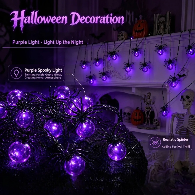 電池式スパイダーLEDストリングライト、ハロウィン屋外装飾、 - Outdoor Lighting Garden のレビューと価格