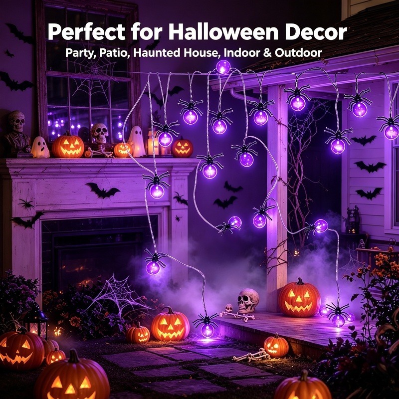 電池式スパイダーLEDストリングライト、ハロウィン屋外装飾、 - Outdoor Lighting Garden のレビューと価格