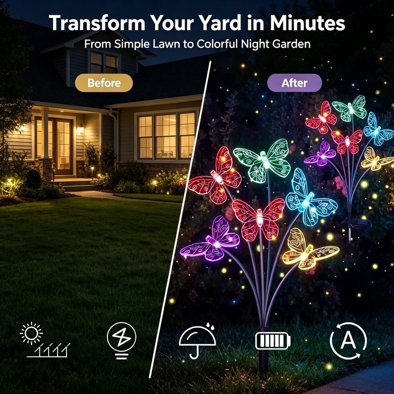 ソーラー式バタフライライト、防水LEDガーデンステークライト - Outdoor Lighting Garden のレビューと価格